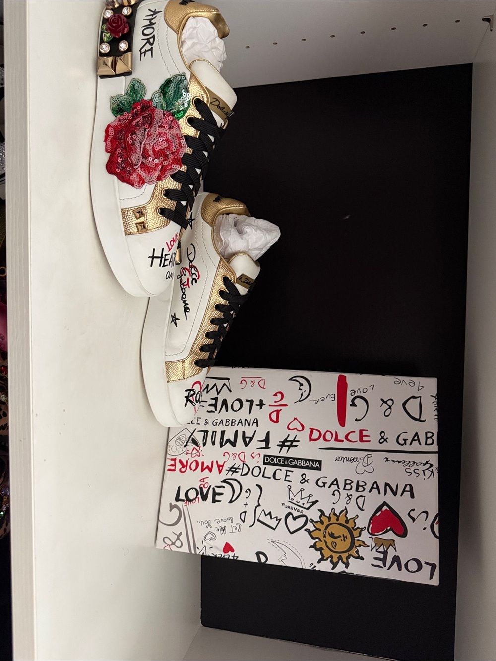 Dolce & Gabbana White Sneakers with Gold Trim and Red Rose Appliqué